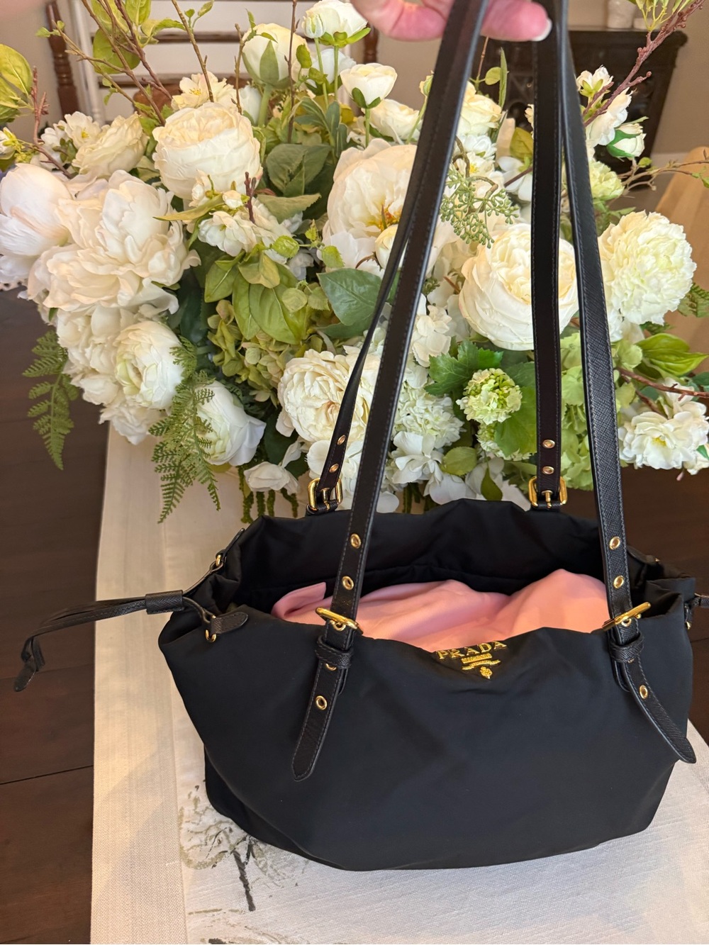 Black Nylon Tote with Gold Hardware - Leather Strap Shoulder Bag - Picture 7 of 8